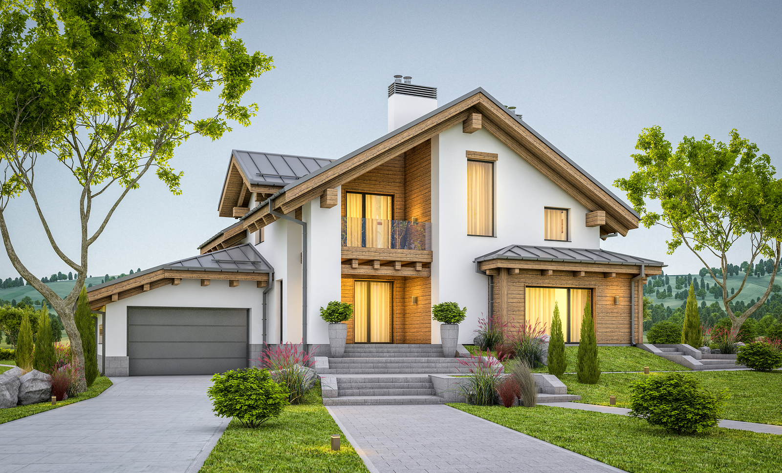 3D Rendering Of Modern Cozy House In Chalet Style 3d rendering of modern cozy house in chalet style with garage for sale or rent with large garden and lawn. Clear summer evenig with soft sky. Cozy warm light from window
