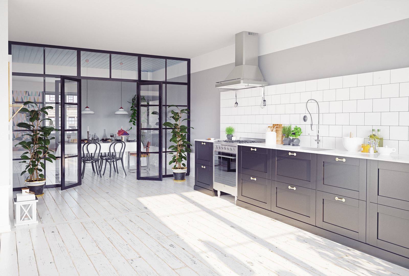 modern kitchen interior with glass partition. 3d rendering conce modern kitchen interior with glass partition. 3d rendering concept